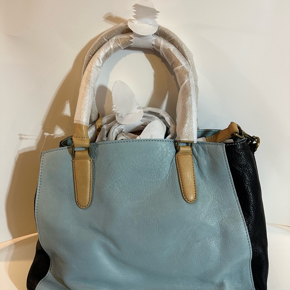 Chic Leather Tote Bag in Light Blue and Black